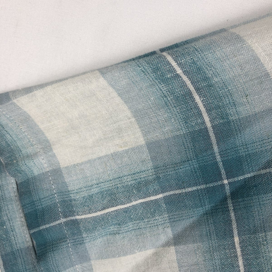 Haggar Washable Linen Check Pattern Short-Sleeve Open Collar Rayon x Linen Box Shirt (Men's Size L) linen Blue type light blue Vintage Second Hand