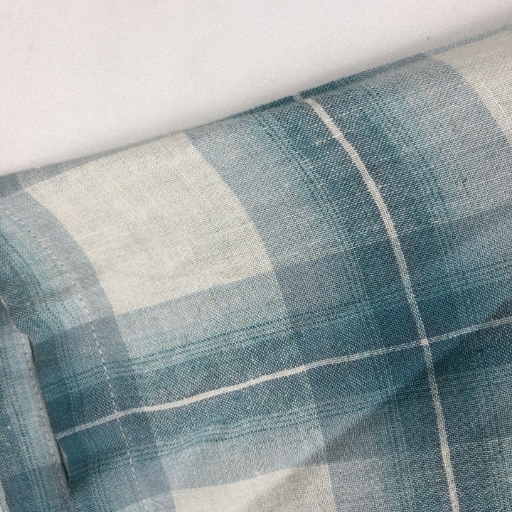 Haggar Washable Linen Check Pattern Short-Sleeve Open Collar Rayon x Linen Box Shirt (Men's Size L) linen Blue type light blue Vintage Second Hand