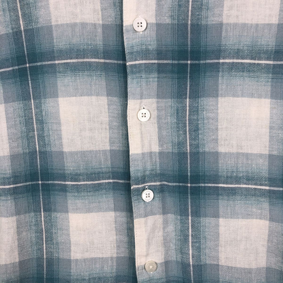 Haggar Washable Linen Check Pattern Short-Sleeve Open Collar Rayon x Linen Box Shirt (Men's Size L) linen Blue type light blue Vintage Second Hand