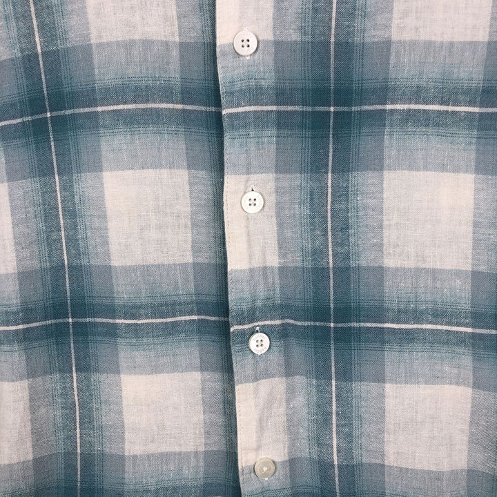 Haggar Washable Linen Check Pattern Short-Sleeve Open Collar Rayon x Linen Box Shirt (Men's Size L) linen Blue type light blue Vintage Second Hand