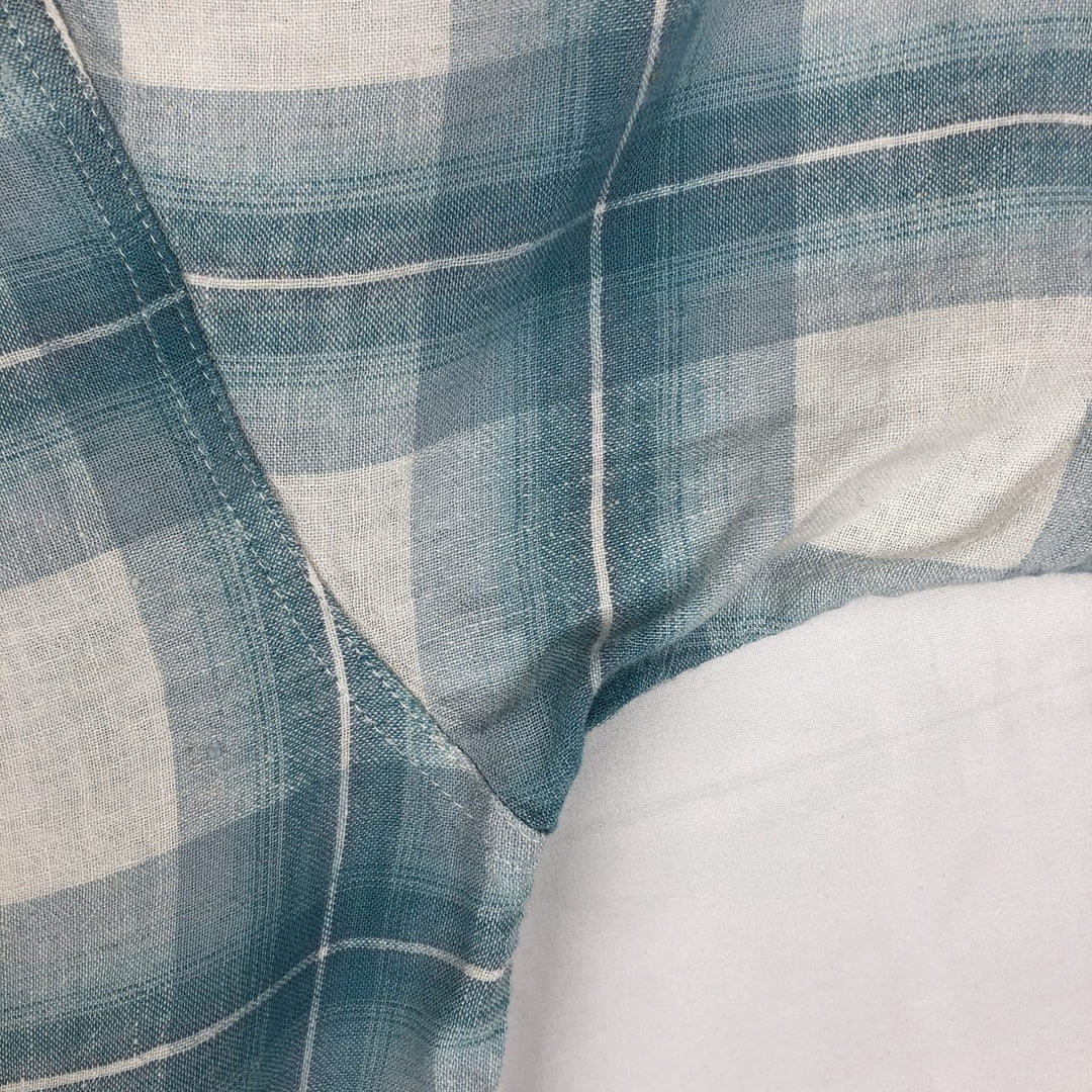 Haggar Washable Linen Check Pattern Short-Sleeve Open Collar Rayon x Linen Box Shirt (Men's Size L) linen Blue type light blue Vintage Second Hand