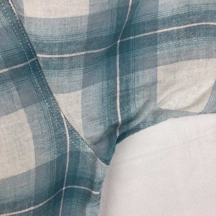 Haggar Washable Linen Check Pattern Short-Sleeve Open Collar Rayon x Linen Box Shirt (Men's Size L) linen Blue type light blue Vintage Second Hand