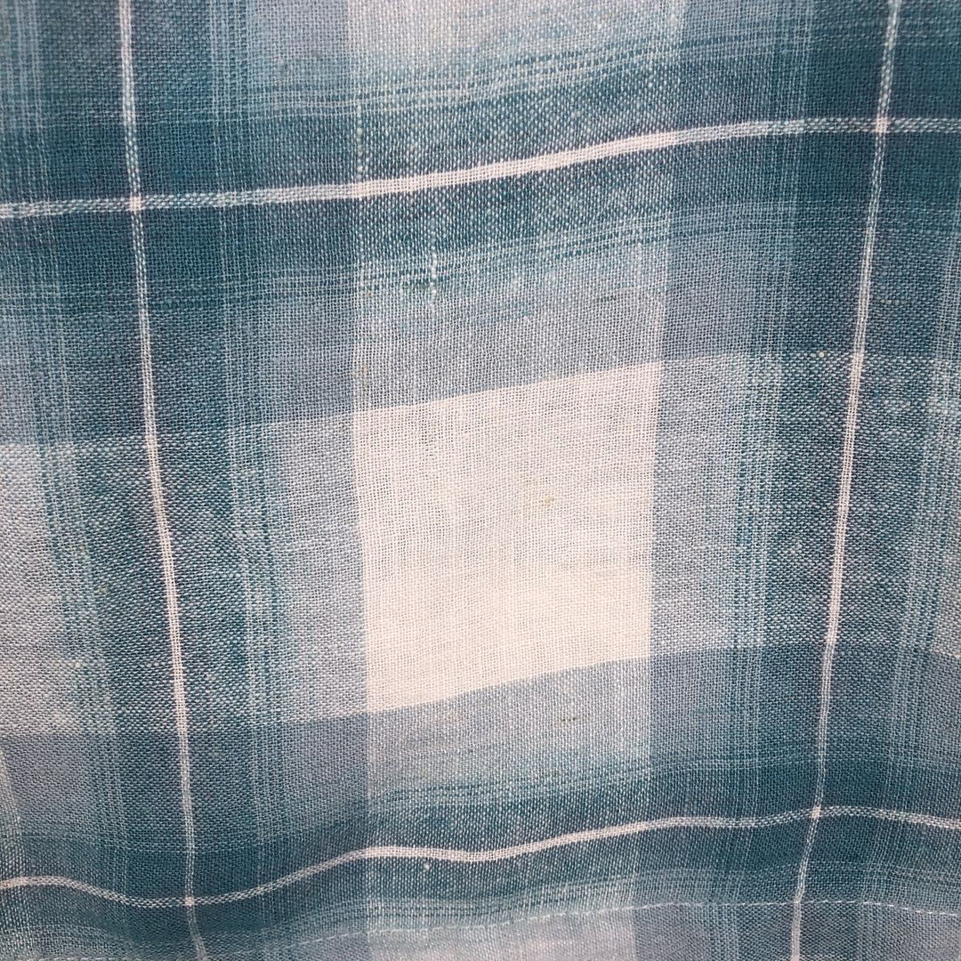 Haggar Washable Linen Check Pattern Short-Sleeve Open Collar Rayon x Linen Box Shirt (Men's Size L) linen Blue type light blue Vintage Second Hand