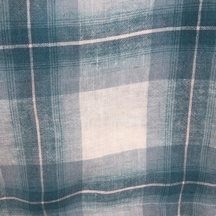 Haggar Washable Linen Check Pattern Short-Sleeve Open Collar Rayon x Linen Box Shirt (Men's Size L) linen Blue type light blue Vintage Second Hand