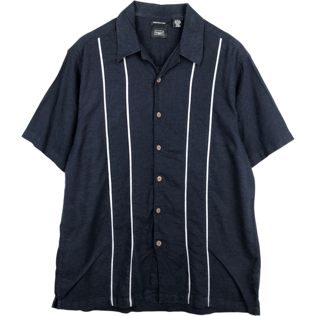 Haggar Washable Linen Short-Sleeve Open-Collar Rayon x Linen Shirt, Boxy Shirt, Men's Size L (approx.) linen navy blue type Vintage Second Hand