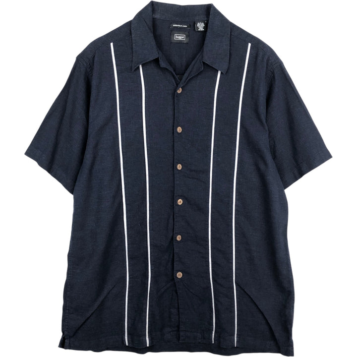 Haggar Washable Linen Short-Sleeve Open-Collar Rayon x Linen Shirt, Boxy Shirt, Men's Size L (approx.) linen navy blue type Vintage Second Hand