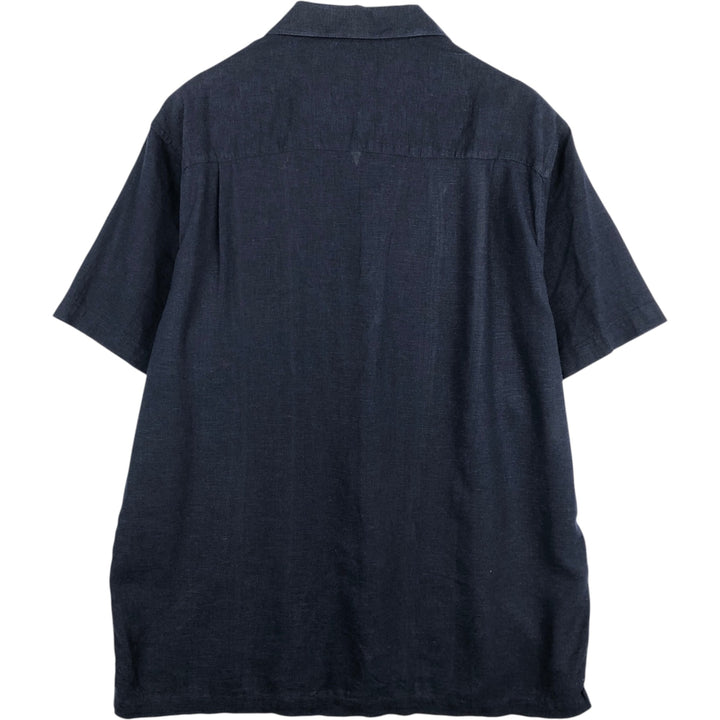 Haggar Washable Linen Short-Sleeve Open-Collar Rayon x Linen Shirt, Boxy Shirt, Men's Size L (approx.) linen navy blue type Vintage Second Hand