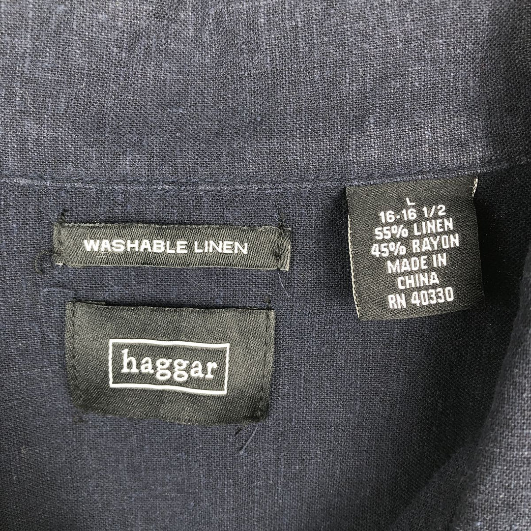 Haggar Washable Linen Short-Sleeve Open-Collar Rayon x Linen Shirt, Boxy Shirt, Men's Size L (approx.) linen navy blue type Vintage Second Hand