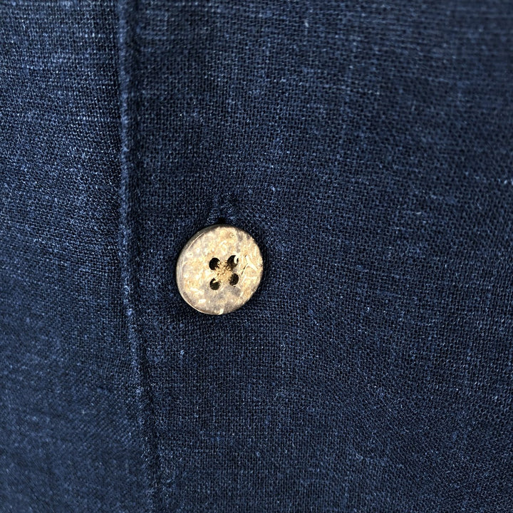 Haggar Washable Linen Short-Sleeve Open-Collar Rayon x Linen Shirt, Boxy Shirt, Men's Size L (approx.) linen navy blue type Vintage Second Hand