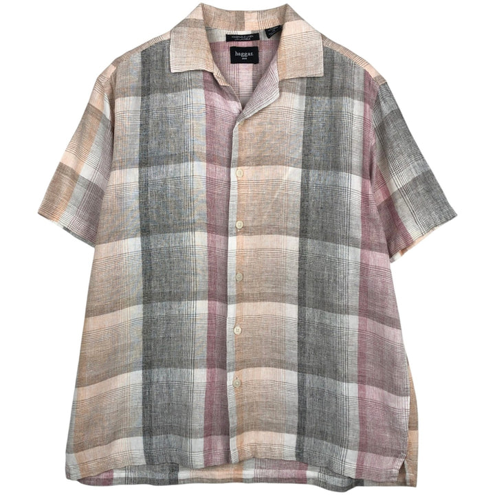 Haggar Washable Linen Check Pattern Short-Sleeve Open Collar Rayon x Linen Shirt, Boxy Shirt, Men's Size M (approx.) linen orange type Vintage Second Hand