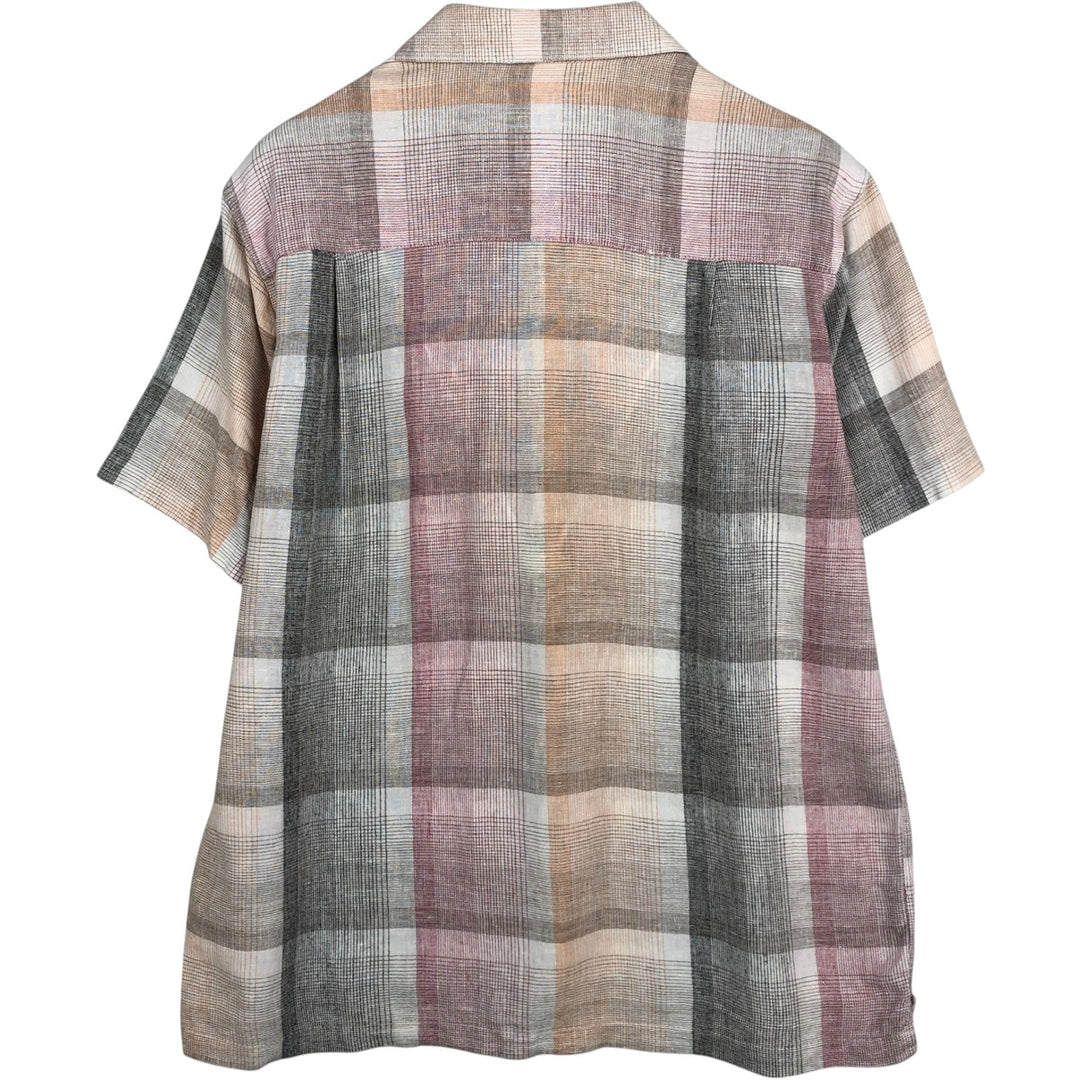 Haggar Washable Linen Check Pattern Short-Sleeve Open Collar Rayon x Linen Shirt, Boxy Shirt, Men's Size M (approx.) linen orange type Vintage Second Hand