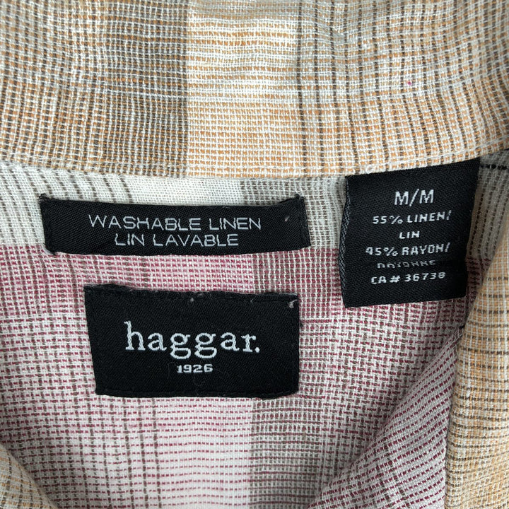 Haggar Washable Linen Check Pattern Short-Sleeve Open Collar Rayon x Linen Shirt, Boxy Shirt, Men's Size M (approx.) linen orange type Vintage Second Hand