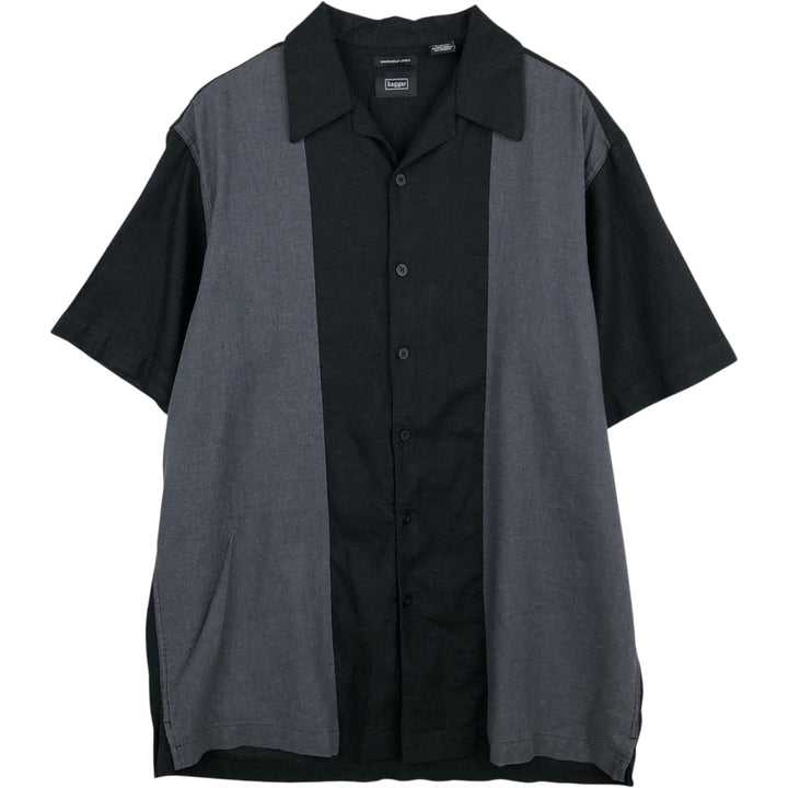 Haggar Washable Linen Two-Tone Short-Sleeve Open-Collar Rayon x Linen Box Shirt (Men's Size L) linen black type Vintage Second Hand
