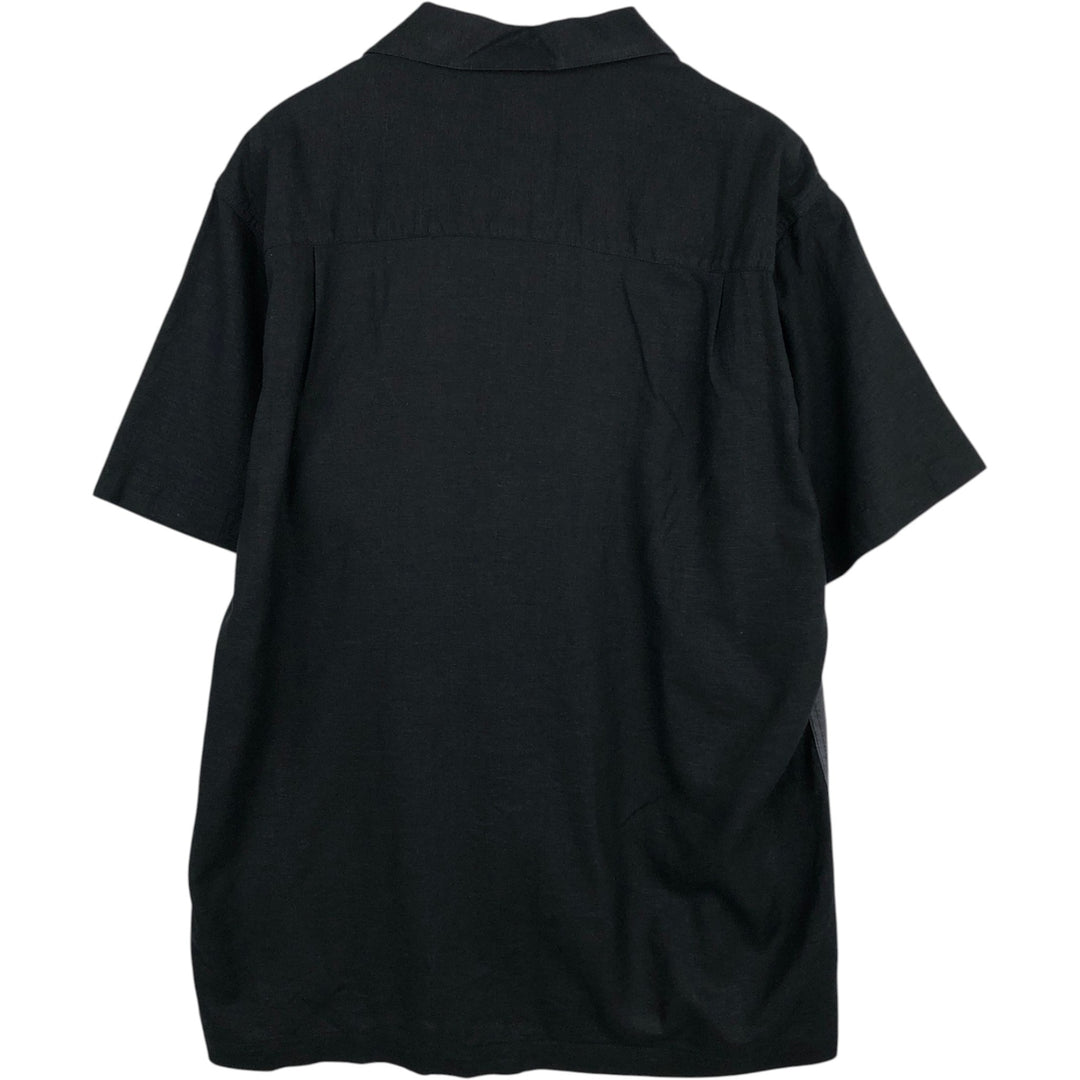 Haggar Washable Linen Two-Tone Short-Sleeve Open-Collar Rayon x Linen Box Shirt (Men's Size L) linen black type Vintage Second Hand