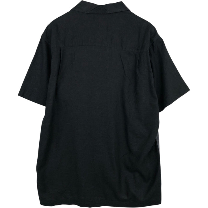 Haggar Washable Linen Two-Tone Short-Sleeve Open-Collar Rayon x Linen Box Shirt (Men's Size L) linen black type Vintage Second Hand