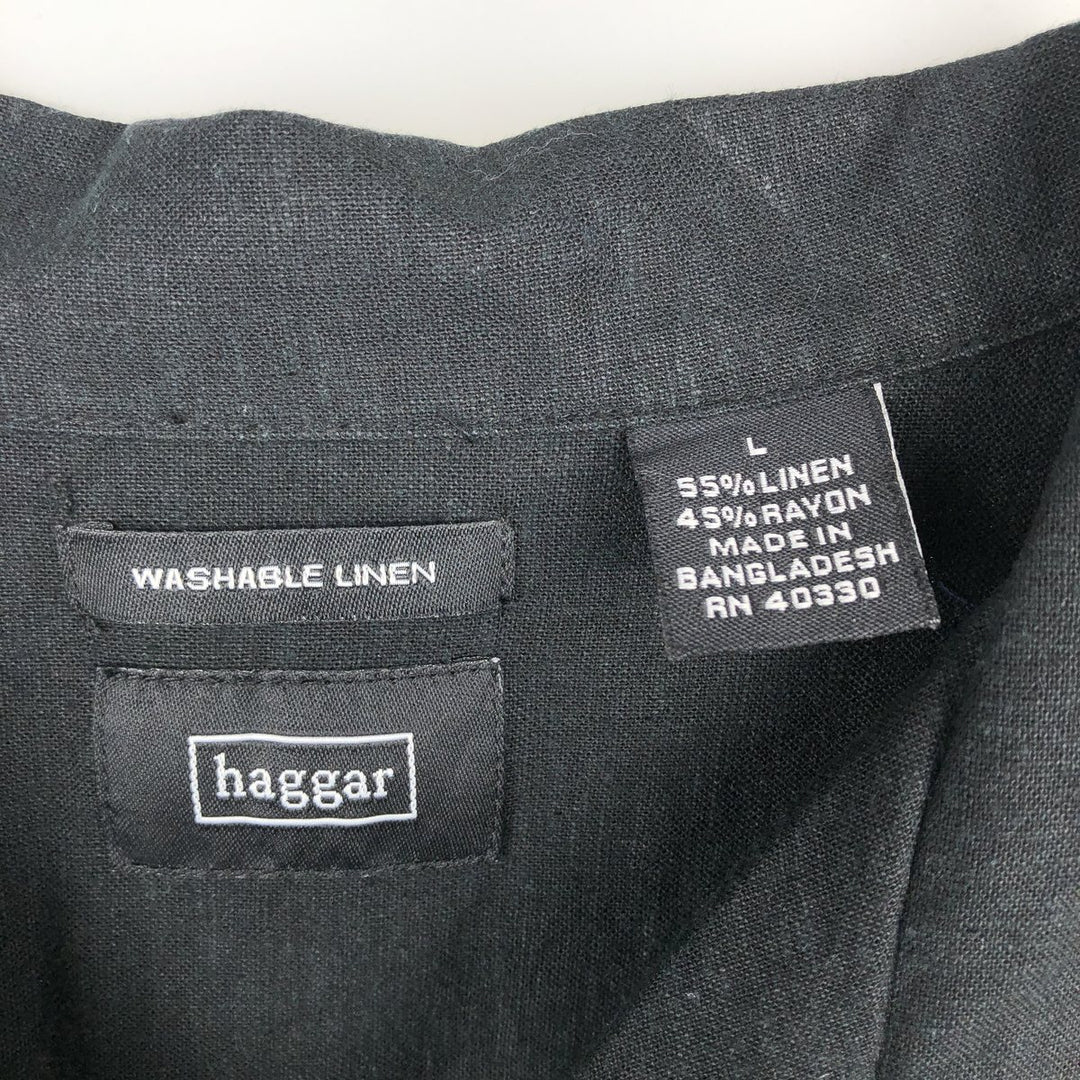 Haggar Washable Linen Two-Tone Short-Sleeve Open-Collar Rayon x Linen Box Shirt (Men's Size L) linen black type Vintage Second Hand