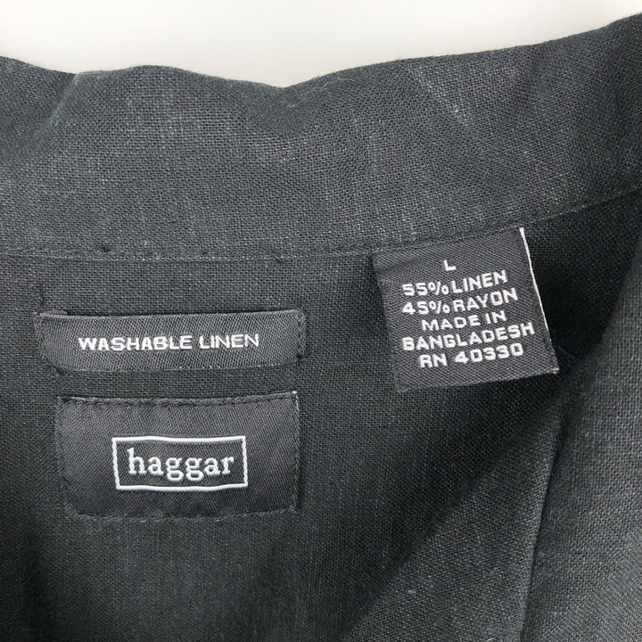 Haggar Washable Linen Two-Tone Short-Sleeve Open-Collar Rayon x Linen Box Shirt (Men's Size L) linen black type Vintage Second Hand