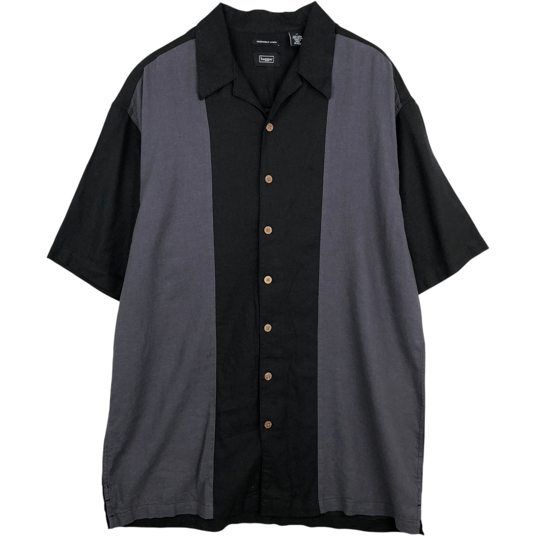 Haggar Washable Linen Two-Tone Short-Sleeve Open-Collar Rayon x Linen Box Shirt (Men's Size L) linen black type Vintage Second Hand