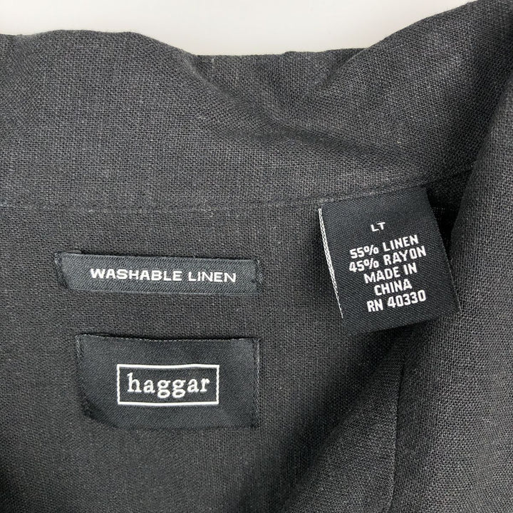 Haggar Washable Linen Two-Tone Short-Sleeve Open-Collar Rayon x Linen Box Shirt (Men's Size L) linen black type Vintage Second Hand