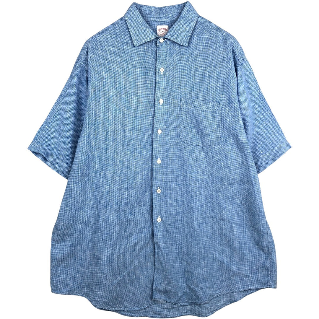 Brooks Brothers 346 Check Pattern Houndstooth Pattern Wide Collar Short Sleeve Linen Shirt Men's XL (approx.) linen blue type Vintage Second Hand