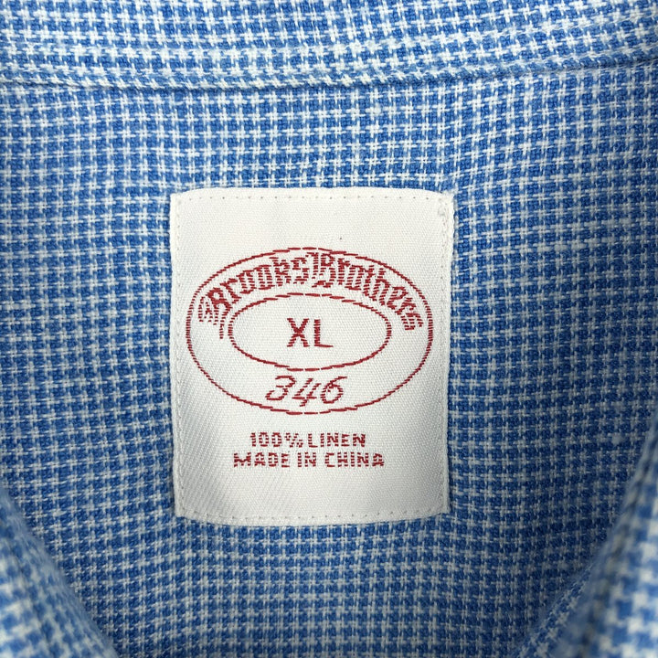 Brooks Brothers 346 Check Pattern Houndstooth Pattern Wide Collar Short Sleeve Linen Shirt Men's XL (approx.) linen blue type Vintage Second Hand
