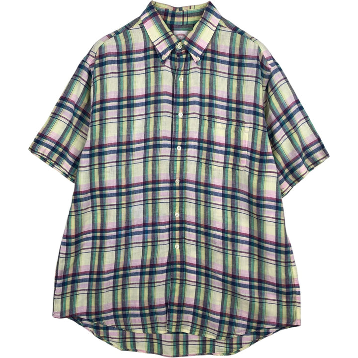 Brooks Brothers 346 Check Pattern Madras Check Short-Sleeve Linen Button-Down Shirt, Men's Size L (approx.) linen green type yellow green Vintage Second Hand