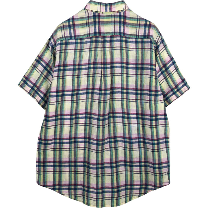 Brooks Brothers 346 Check Pattern Madras Check Short-Sleeve Linen Button-Down Shirt, Men's Size L (approx.) linen green type yellow green Vintage Second Hand