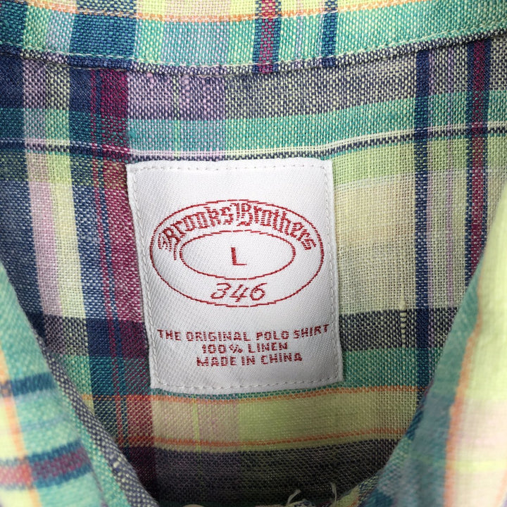 Brooks Brothers 346 Check Pattern Madras Check Short-Sleeve Linen Button-Down Shirt, Men's Size L (approx.) linen green type yellow green Vintage Second Hand