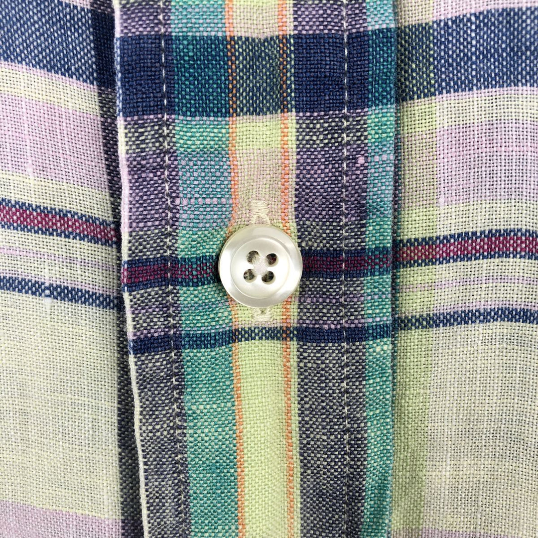 Brooks Brothers 346 Check Pattern Madras Check Short-Sleeve Linen Button-Down Shirt, Men's Size L (approx.) linen green type yellow green Vintage Second Hand