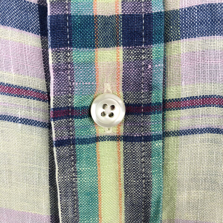 Brooks Brothers 346 Check Pattern Madras Check Short-Sleeve Linen Button-Down Shirt, Men's Size L (approx.) linen green type yellow green Vintage Second Hand