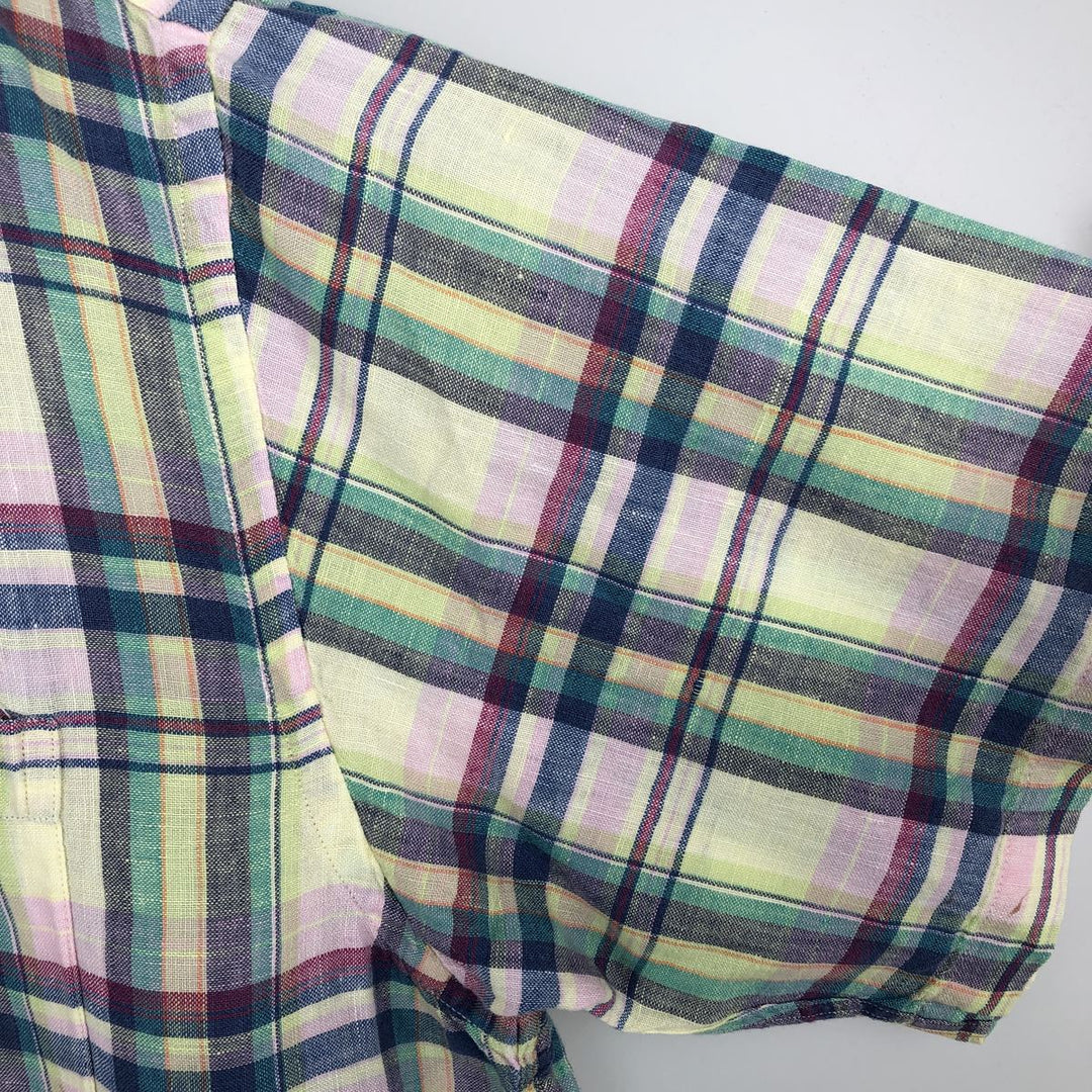 Brooks Brothers 346 Check Pattern Madras Check Short-Sleeve Linen Button-Down Shirt, Men's Size L (approx.) linen green type yellow green Vintage Second Hand