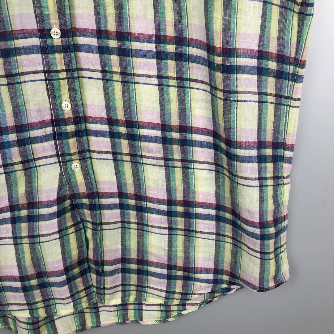 Brooks Brothers 346 Check Pattern Madras Check Short-Sleeve Linen Button-Down Shirt, Men's Size L (approx.) linen green type yellow green Vintage Second Hand