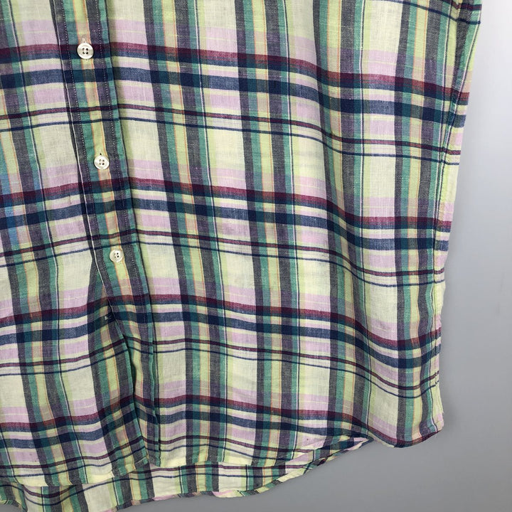 Brooks Brothers 346 Check Pattern Madras Check Short-Sleeve Linen Button-Down Shirt, Men's Size L (approx.) linen green type yellow green Vintage Second Hand