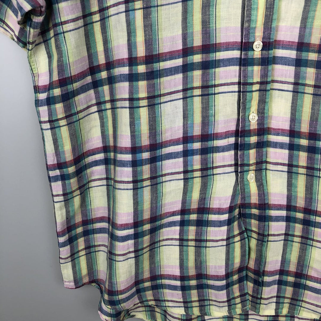 Brooks Brothers 346 Check Pattern Madras Check Short-Sleeve Linen Button-Down Shirt, Men's Size L (approx.) linen green type yellow green Vintage Second Hand