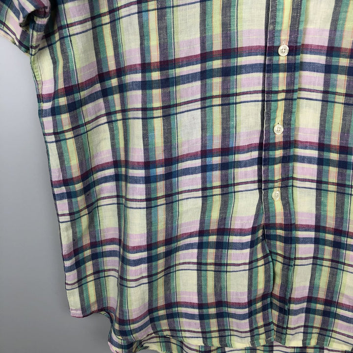 Brooks Brothers 346 Check Pattern Madras Check Short-Sleeve Linen Button-Down Shirt, Men's Size L (approx.) linen green type yellow green Vintage Second Hand