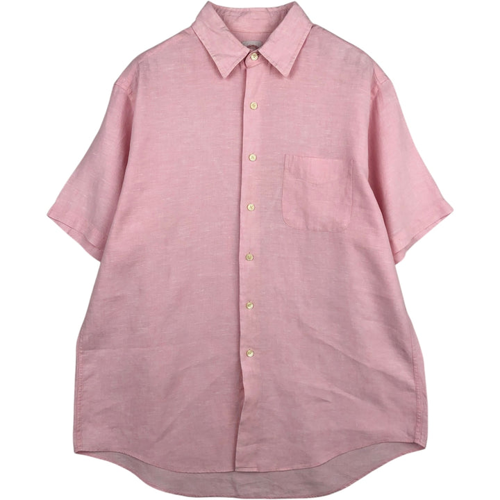 Brooks Brothers Est.1818 Short-Sleeve Linen Button-Down Shirt, Men's Size L (approx.) linen pink type Vintage Second Hand