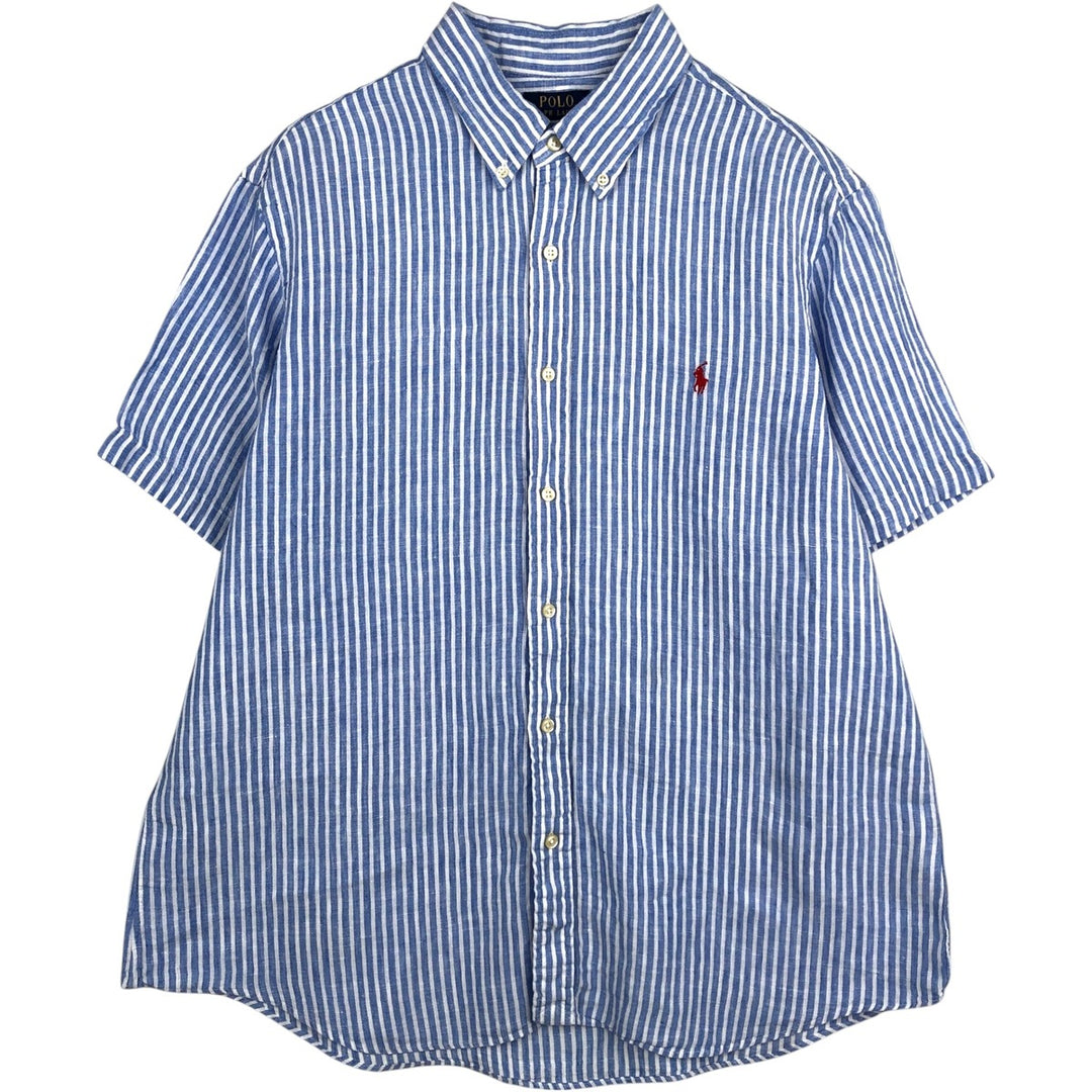 Ralph Lauren POLO RALPH LAUREN CLASSIC FIT Stripe Pattern Short-Sleeve Linen Button-Down Shirt, Men's Size XL (approx.) linen blue type Vintage Second Hand