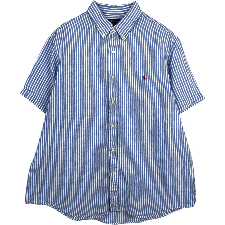 Ralph Lauren POLO RALPH LAUREN CLASSIC FIT Stripe Pattern Short-Sleeve Linen Button-Down Shirt, Men's Size XL (approx.) linen blue type Vintage Second Hand