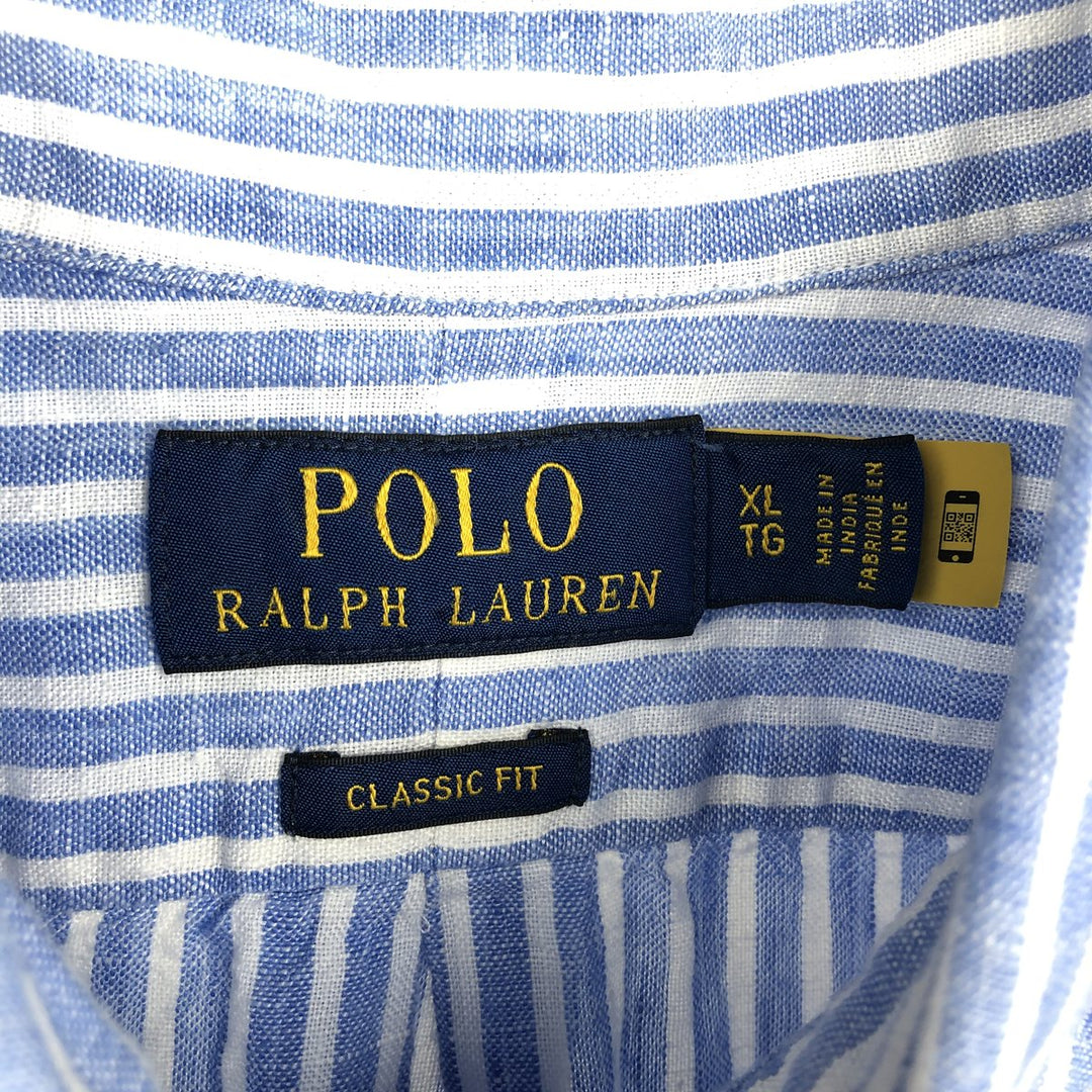 Ralph Lauren POLO RALPH LAUREN CLASSIC FIT Stripe Pattern Short-Sleeve Linen Button-Down Shirt, Men's Size XL (approx.) linen blue type Vintage Second Hand