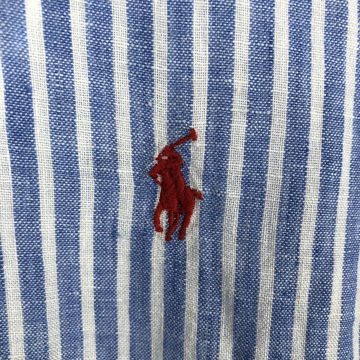 Ralph Lauren POLO RALPH LAUREN CLASSIC FIT Stripe Pattern Short-Sleeve Linen Button-Down Shirt, Men's Size XL (approx.) linen blue type Vintage Second Hand