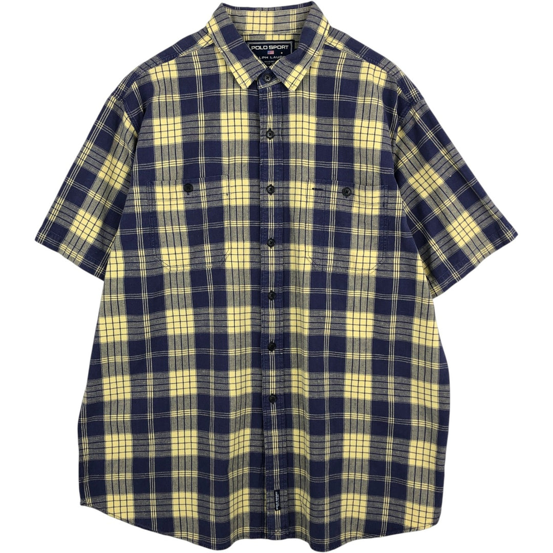 Ralph Lauren POLO SPORT Check Pattern Short-Sleeve Cotton Check Shirt, Men's Size XL (approx.) cotton lemon yellow Vintage Second Hand