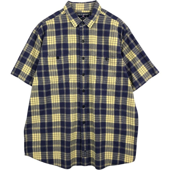 Ralph Lauren POLO SPORT Check Pattern Short-Sleeve Cotton Check Shirt, Men's Size XL (approx.) cotton lemon yellow Vintage Second Hand