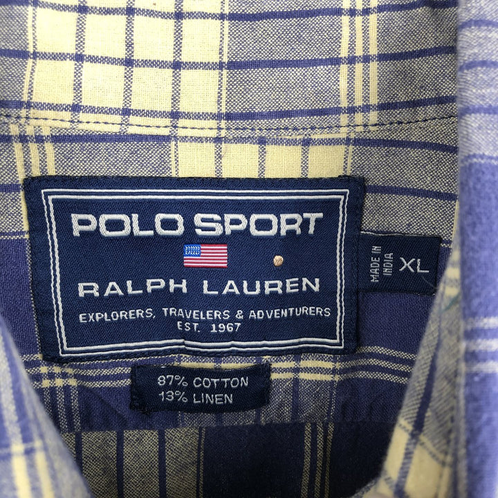 Ralph Lauren POLO SPORT Check Pattern Short-Sleeve Cotton Check Shirt, Men's Size XL (approx.) cotton lemon yellow Vintage Second Hand