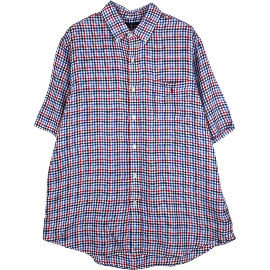 Ralph Lauren Check Pattern Short-Sleeve Linen Button-Down Shirt, Men's Size XL (approx.) linen blue type Vintage Second Hand