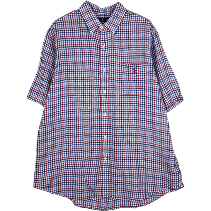 Ralph Lauren Check Pattern Short-Sleeve Linen Button-Down Shirt, Men's Size XL (approx.) linen blue type Vintage Second Hand