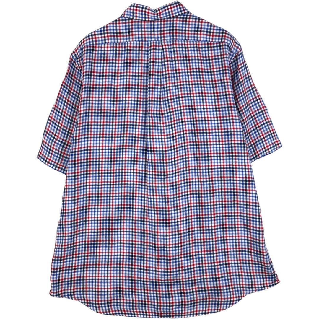 Ralph Lauren Check Pattern Short-Sleeve Linen Button-Down Shirt, Men's Size XL (approx.) linen blue type Vintage Second Hand