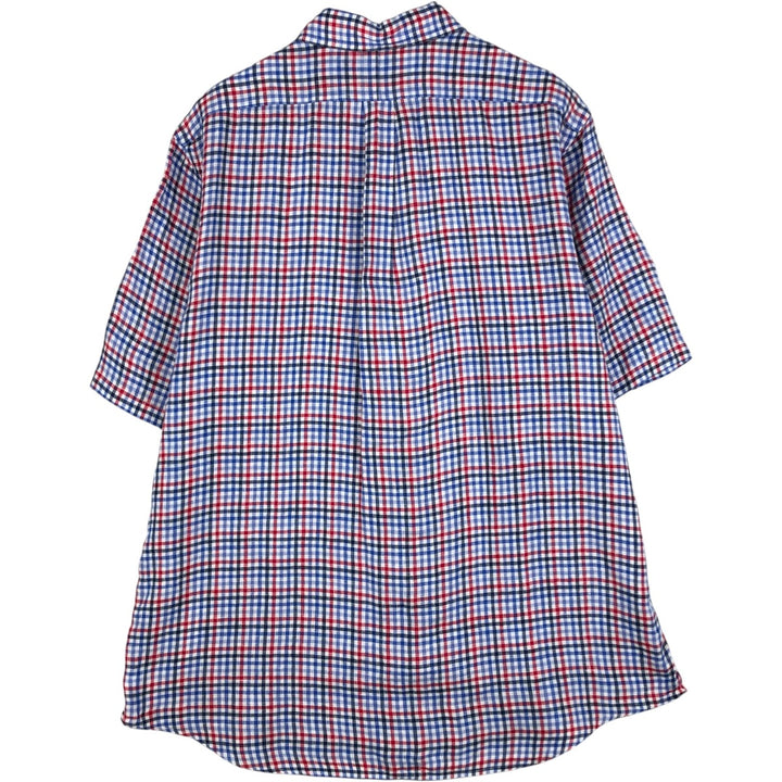 Ralph Lauren Check Pattern Short-Sleeve Linen Button-Down Shirt, Men's Size XL (approx.) linen blue type Vintage Second Hand