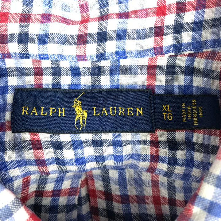 Ralph Lauren Check Pattern Short-Sleeve Linen Button-Down Shirt, Men's Size XL (approx.) linen blue type Vintage Second Hand