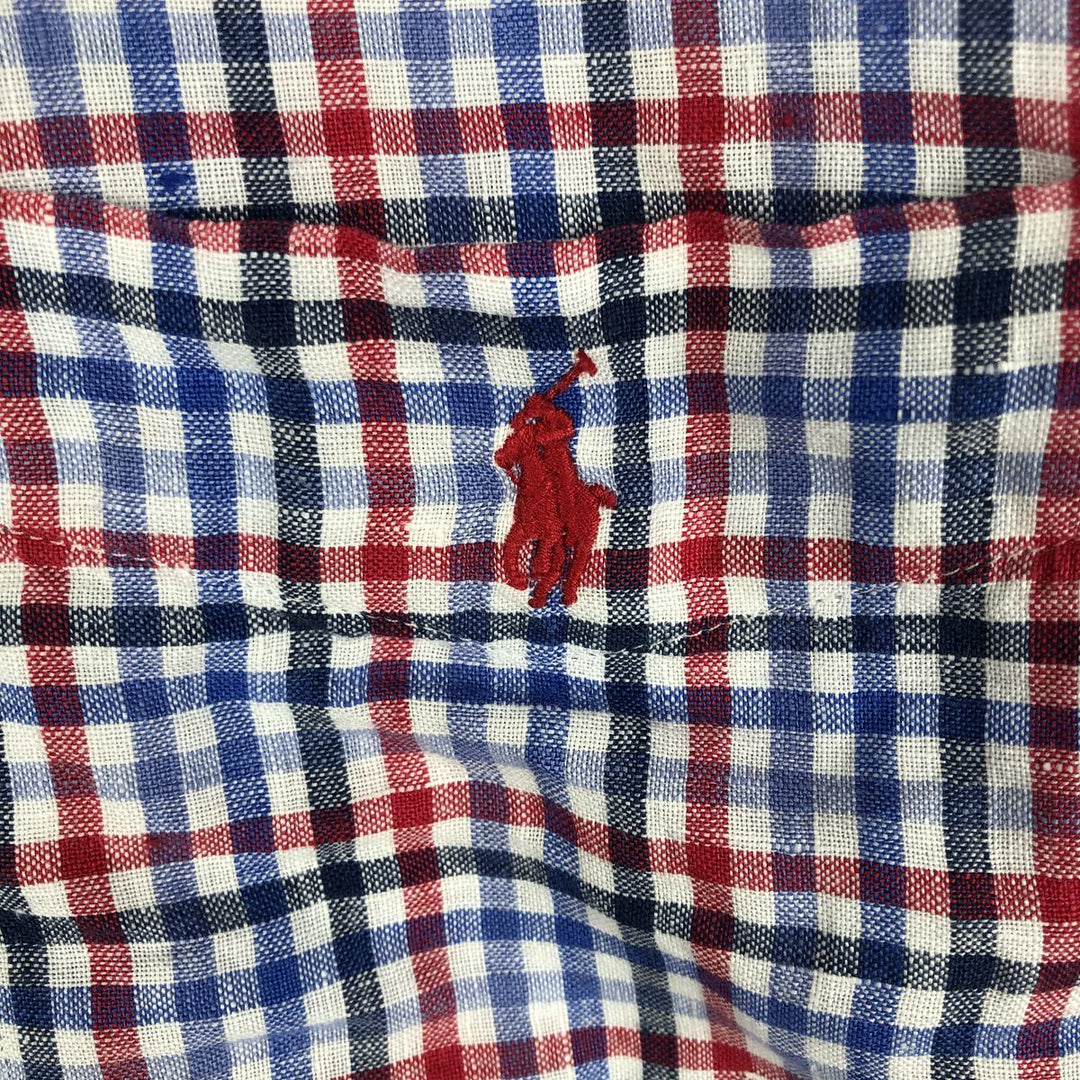 Ralph Lauren Check Pattern Short-Sleeve Linen Button-Down Shirt, Men's Size XL (approx.) linen blue type Vintage Second Hand