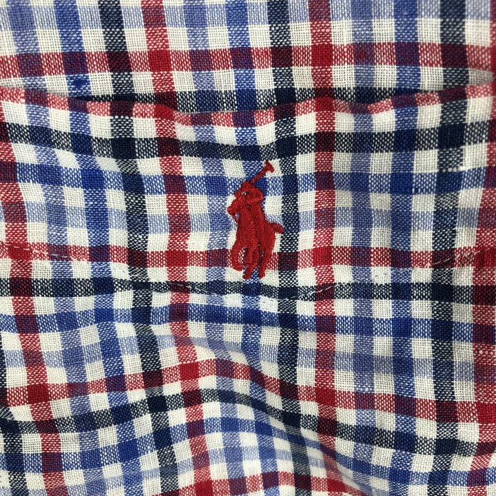 Ralph Lauren Check Pattern Short-Sleeve Linen Button-Down Shirt, Men's Size XL (approx.) linen blue type Vintage Second Hand